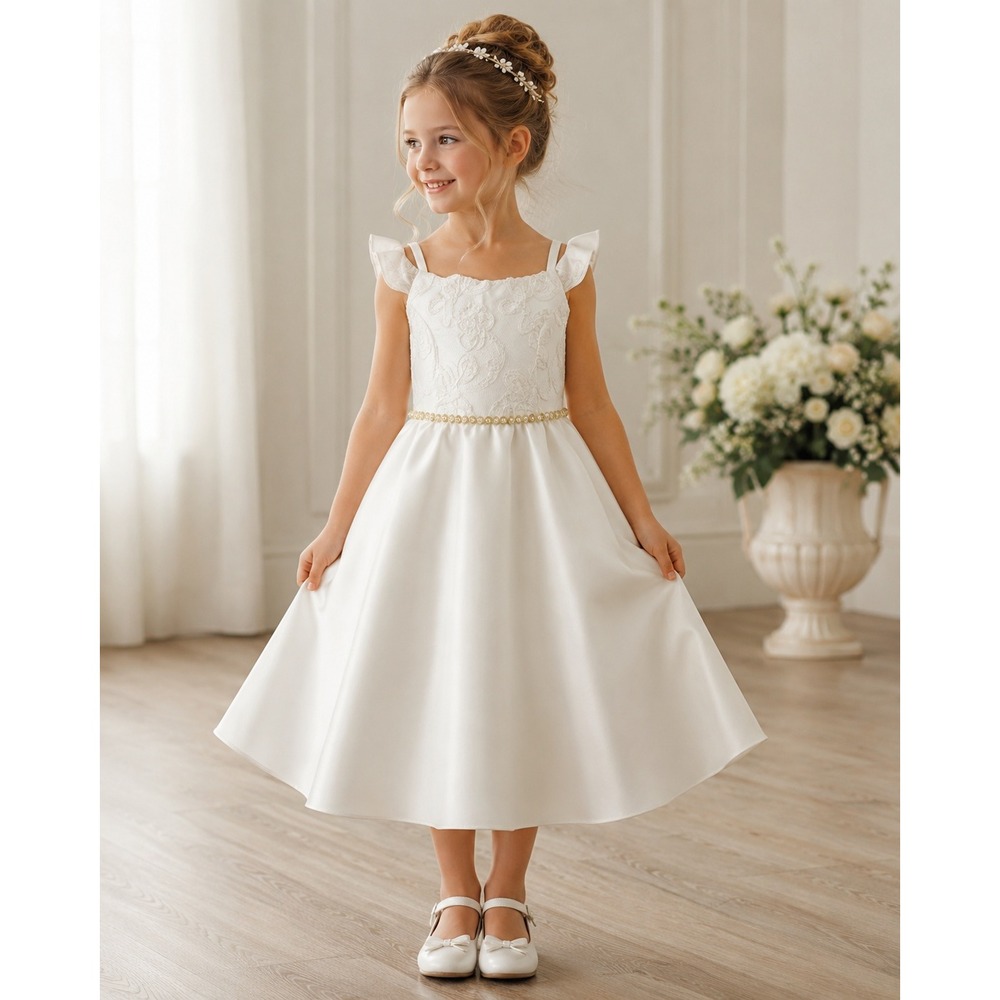 Biscotti Flower Girl Dress Girls 14 White Lace Sequin Cold Shoulder 384CED